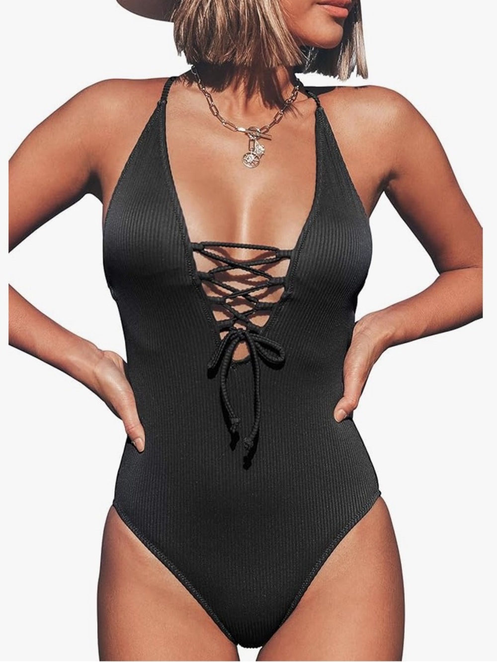 Cupshe Black Lace-Up V-Neck One-Piece Swimsuit